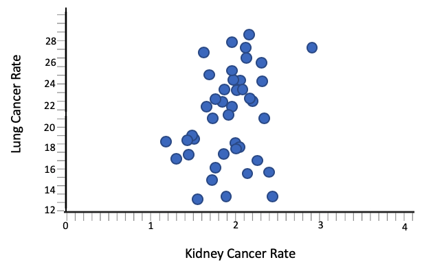 A series of points in an xy-plane that are clustered around a vertical line, where the x-axis represents the kidney cancer rate and the y-axis represents the lung cancer rate.
