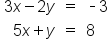 table attributes columnalign right center left end attributes row cell 3 x minus 2 y end cell equals cell short dash 3 end cell row cell 5 x plus y end cell equals 8 end table