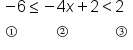 table attributes columnalign left end attributes row cell negative 6 less or equal than negative 4 x plus 2 less than 2 end cell row cell ① space space space space space space space space space ② space space space space space space space space space space space ③ end cell end table
