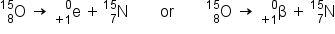 straight O presubscript 8 presuperscript 15 space rightwards arrow space straight e presubscript plus 1 end presubscript presuperscript 0 space plus thin space straight N presubscript 7 presuperscript 15 space space space space space space space space or space space space space space space space space straight O presubscript 8 presuperscript 15 space rightwards arrow space straight beta presubscript plus 1 end presubscript presuperscript 0 space plus space straight N presubscript 7 presuperscript 15