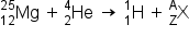 Mg presubscript 12 presuperscript 25 space plus thin space He presubscript 2 presuperscript 4 space rightwards arrow space straight H presubscript 1 presuperscript 1 space plus space straight X presubscript straight Z presuperscript straight A