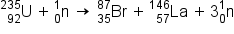 straight U presubscript 92 presuperscript 235 space plus thin space straight n presubscript 0 presuperscript 1 space rightwards arrow space Br presubscript 35 presuperscript 87 space plus thin space La presubscript 57 presuperscript 146 space plus thin space 3 straight n presubscript 0 presuperscript 1