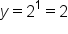 y equals 2 to the power of 1 equals 2