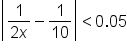 open vertical bar fraction numerator 1 over denominator 2 x end fraction minus 1 over 10 close vertical bar less than 0.05