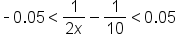 short dash 0.05 less than fraction numerator 1 over denominator 2 x end fraction minus 1 over 10 less than 0.05