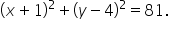 open parentheses x plus 1 close parentheses squared plus open parentheses y minus 4 close parentheses squared equals 81.