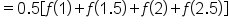 equals 0.5 open square brackets f open parentheses 1 close parentheses plus f open parentheses 1.5 close parentheses plus f open parentheses 2 close parentheses plus f open parentheses 2.5 close parentheses close square brackets