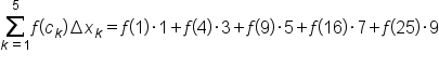 sum from k equals 1 to 5 of f open parentheses c subscript k close parentheses increment x subscript k equals f open parentheses 1 close parentheses times 1 plus f open parentheses 4 close parentheses times 3 plus f open parentheses 9 close parentheses times 5 plus f open parentheses 16 close parentheses times 7 plus f open parentheses 25 close parentheses times 9