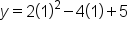 y equals 2 open parentheses 1 close parentheses squared minus 4 open parentheses 1 close parentheses plus 5