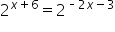 2 to the power of x plus 6 end exponent equals 2 to the power of short dash 2 x minus 3 end exponent