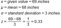 table attributes columnalign left end attributes row cell x equals g i v e n space v a l u e equals 69 space i n c h e s end cell row cell mu equals m e a n equals 68 space i n c h e s end cell row cell sigma equals s tan d a r d space d e v i a t i o n equals 3 space i n c h e s end cell row cell z equals fraction numerator 69 minus 68 over denominator 3 end fraction equals 1 third equals 0.33 end cell end table