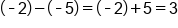open parentheses short dash 2 close parentheses minus open parentheses short dash 5 close parentheses equals open parentheses short dash 2 close parentheses plus 5 equals 3