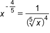x to the power of short dash 4 over 5 end exponent equals 1 over open parentheses fifth root of x close parentheses to the power of 4