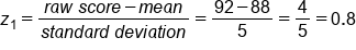 z subscript 1 equals fraction numerator r a w space s c o r e minus m e a n over denominator s t a n d a r d space d e v i a t i o n end fraction equals fraction numerator 92 minus 88 over denominator 5 end fraction equals 4 over 5 equals 0.8