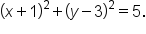 open parentheses x plus 1 close parentheses squared plus open parentheses y minus 3 close parentheses squared equals 5.