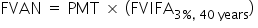 FVAN space equals space PMT space cross times space left parenthesis FVIFA subscript 3 percent sign comma space 40 space years end subscript right parenthesis space