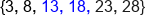 left curly bracket 3 comma space 8 comma space 13 comma space 18 comma space 23 comma space 28 right curly bracket