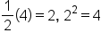 1 half open parentheses 4 close parentheses equals 2 comma space 2 squared equals 4