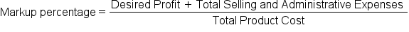 Markup space percentage equals fraction numerator Desired space Profit space plus space Total space Selling space and space Administrative space Expenses space over denominator Total space Product space Cost end fraction