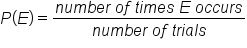 P left parenthesis E right parenthesis equals fraction numerator n u m b e r space o f space t i m e s space E space o c c u r s over denominator n u m b e r space o f space t r i a l s end fraction