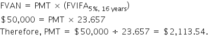 FVAN space equals space PMT space cross times space left parenthesis FVIFA subscript 5 percent sign comma space 16 space years end subscript right parenthesis space space space
$ 50 comma 000 space equals space PMT space cross times space 23.657 space space space
Therefore comma space PMT space equals space $ 50 comma 000 space divided by space 23.657 space equals space $ 2 comma 113.54.