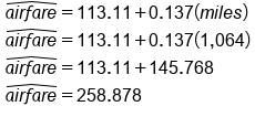table attributes columnalign left end attributes row cell stack a i r f a r e with hat on top equals 113.11 plus 0.137 left parenthesis m i l e s right parenthesis end cell row cell stack a i r f a r e with hat on top equals 113.11 plus 0.137 left parenthesis 1 comma 064 right parenthesis end cell row cell stack a i r f a r e with hat on top equals 113.11 plus 145.768 end cell row cell stack a i r f a r e with hat on top equals 258.878 end cell end table