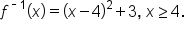 f to the power of short dash 1 end exponent open parentheses x close parentheses equals open parentheses x minus 4 close parentheses squared plus 3 comma space x greater or equal than 4.