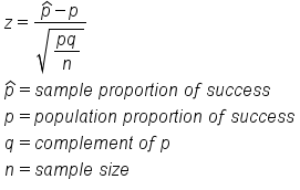table attributes columnalign left end attributes row cell z equals fraction numerator p with hat on top minus p over denominator square root of begin display style fraction numerator p q over denominator n end fraction end style end root end fraction end cell row cell p with hat on top equals s a m p l e space p r o p o r t i o n space o f space s u c c e s s end cell row cell p equals p o p u l a t i o n space p r o p o r t i o n space o f space s u c c e s s end cell row cell q equals c o m p l e m e n t space o f space p end cell row cell n equals s a m p l e space s i z e end cell end table
