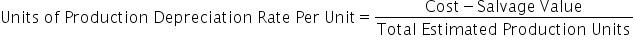 Units space of space Production space Depreciation space Rate space Per space Unit equals fraction numerator Cost minus Salvage space Value over denominator Total space Estimated space Production space Units end fraction