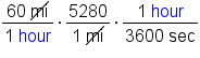 fraction numerator 60 space up diagonal strike mi over denominator 1 space hour end fraction times fraction numerator 5280 over denominator 1 space up diagonal strike mi end fraction times fraction numerator 1 space hour over denominator 3600 space sec end fraction