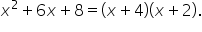 x squared plus 6 x plus 8 equals open parentheses x plus 4 close parentheses open parentheses x plus 2 close parentheses.