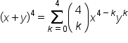 open parentheses x plus y close parentheses to the power of 4 equals sum from k equals 0 to 4 of open parentheses table row 4 row k end table close parentheses   x to the power of 4 minus k end exponent y to the power of k