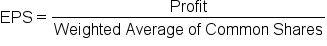EPS equals fraction numerator Profit over denominator Weighted space Average space of space Common space Shares end fraction
