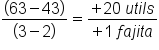 fraction numerator open parentheses 63 minus 43 close parentheses over denominator open parentheses 3 minus 2 close parentheses end fraction equals fraction numerator begin display style plus 20 space u t i l s end style over denominator plus 1 space f a j i t a end fraction