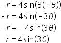short dash r equals 4   sin open parentheses 3 open parentheses short dash theta close parentheses close parentheses
short dash r equals 4   sin open parentheses short dash 3 theta close parentheses
short dash r equals short dash 4   sin open parentheses 3 theta close parentheses
space space space r equals 4   sin open parentheses 3 theta close parentheses