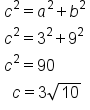 table attributes columnalign left end attributes row cell c squared equals a squared plus b squared end cell row cell c squared equals 3 squared plus 9 squared end cell row cell c squared equals 90 end cell row cell space space c equals 3 square root of 10 end cell end table