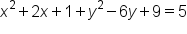 x squared plus 2 x plus 1 plus y squared minus 6 y plus 9 equals 5