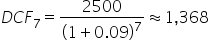D C F subscript 7 equals 2500 over open parentheses 1 plus 0.09 close parentheses to the power of 7 almost equal to 1 comma 368