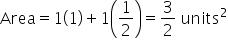 Area equals 1 open parentheses 1 close parentheses plus 1 open parentheses 1 half close parentheses equals 3 over 2 space units squared