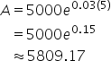 A equals 5000 e to the power of 0.03 open parentheses 5 close parentheses end exponent
space space space equals 5000 e to the power of 0.15 end exponent
space space space almost equal to 5809.17