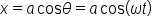 x equals a   cos theta equals a   cos open parentheses omega t close parentheses