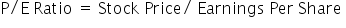 straight P divided by straight E space Ratio space equals space Stock space Price divided by space Earnings space Per space Share space