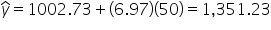 y with hat on top equals 1002.73 plus open parentheses 6.97 close parentheses open parentheses 50 close parentheses equals 1 comma 351.23