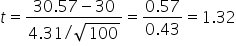 t equals fraction numerator 30.57 minus 30 over denominator 4.31 divided by square root of 100 end fraction equals fraction numerator 0.57 over denominator 0.43 end fraction equals 1.32