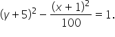 open parentheses y plus 5 close parentheses squared minus open parentheses x plus 1 close parentheses squared over 100 equals 1.